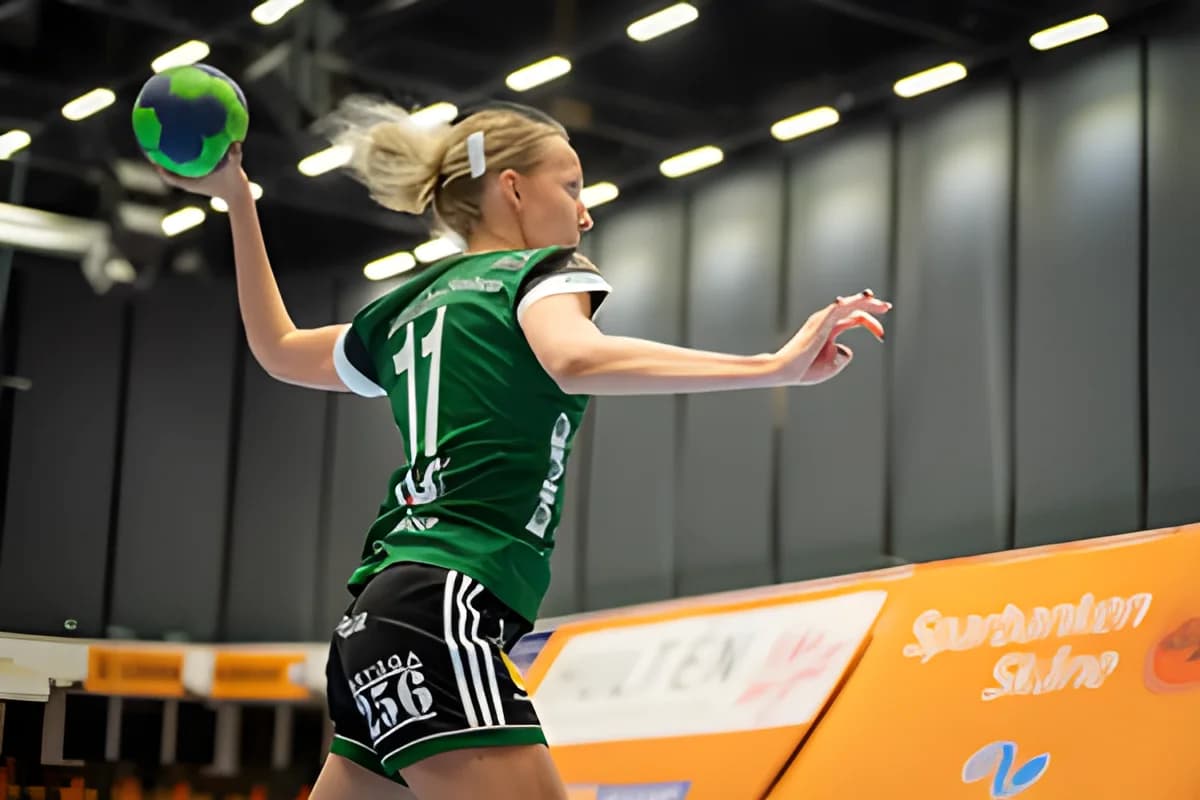female handball player ready to throw ball indoors